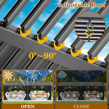 LEVELEVE 10' x 20' Louvered Pergola with Adjustable Roof, Outdoor Metal Patio Gazebo with Curtains & Netting, Gutter System, Large Hardtop Canopy for Garden, Deck, Backyard