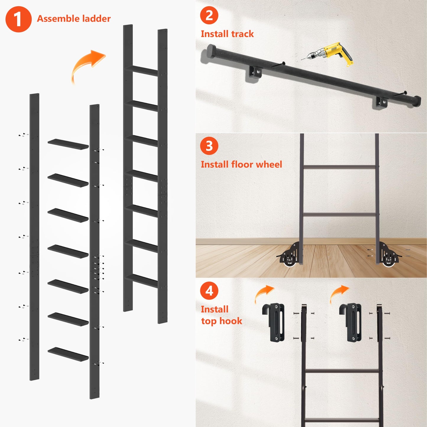 DIYHD 87" Sliding Library Ladder, Telescopic Top Hook, Lightweight Rolling Ladder with Upright Space-Saving Storage, Kit with 4FT Sliding Rail, Bottom Rollers, 300lbs Capacity, Black