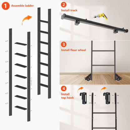 DIYHD 87" Sliding Library Ladder, Telescopic Top Hook, Lightweight Rolling Ladder with Upright Space-Saving Storage, Kit with 4FT Sliding Rail, Bottom Rollers, 300lbs Capacity, Black