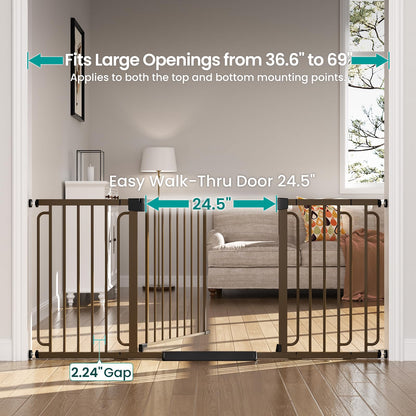 Cumbor Extra Wide Baby Gate, 36.6-69" Walk-Through Dog Gate for Stairs, Doorways & Hallways, 30.5“ Tall, Auto-Close & Dual-Swing Safety Child Gate Indoor, Easy Install Pressure-Mounted Pet Gate, Brown