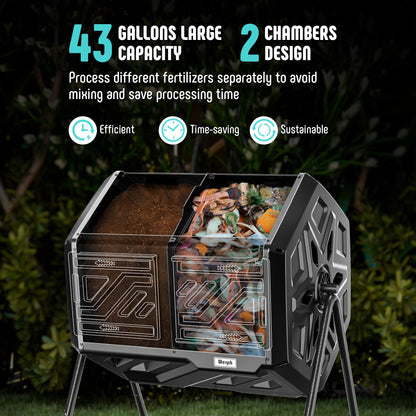 Werph 43 Gallon Compost Bin with Gloves, Fast Assembly & Easy Setup Outdoor Compost Tumbler, Updated Dual Chamber Tumbling Composter for Garden, Kitchen, and Yard Waste, Black