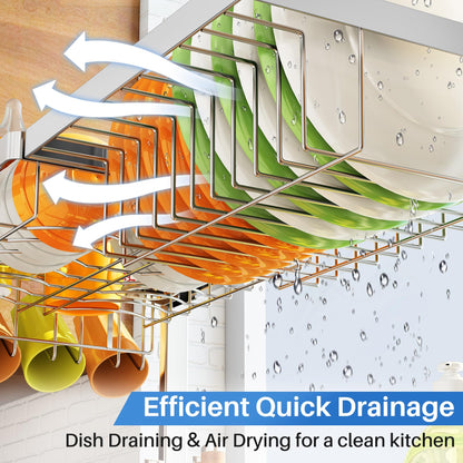 Over The Sink Dish Drying Rack, Full Stainless Steel 2-Tier Kitchen Counter Dish Drainer Rack Adjustable (33.8 to 41.5 inch), Expandable Dish Drying Rack with Kitchen Accessories, Silver