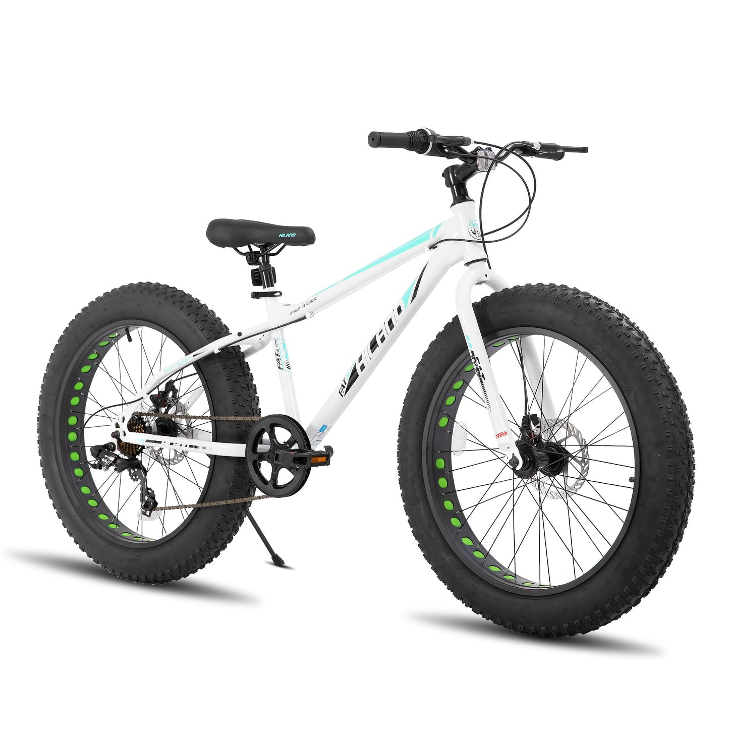 HH HILAND 26 Inch Kids' Bicycles Fat Tire Mountain Bike for Boys and Girls, 7-Speed, Dual-Disc Brake, Kids Beach and Snow Bicycle White