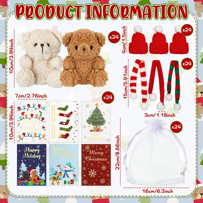 Poen 24 Set Christmas Gift 4 Inch Mini Christmas Stuffed Plush Bear with Santa Hat Scarf Cards Organza Bags Xmas Small Bear Toy Set for Holiday Party Favor(Cute Style)