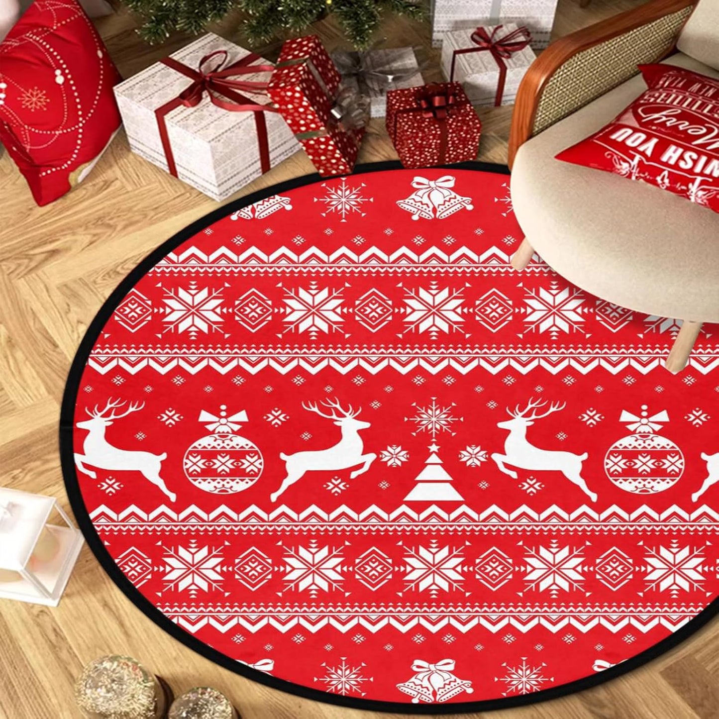 Christmas Boho Round Rug, Merry Christmas Area Rug for Bedroom Living Room, Non-Slip Floor Mat Carpet