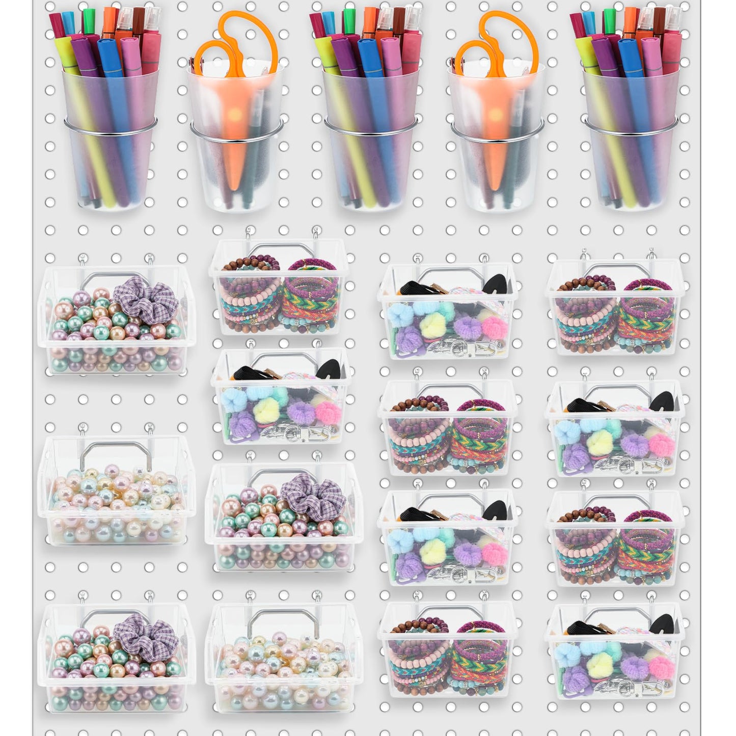20 Pcs Pegboard Organizer Accessories Clear Peg Board Bins and Cups with Hooks and Loops Kit Pegboard Baskets Set for Craft Room Garage Workshop Workbench Office