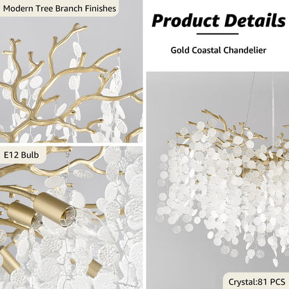 VBKK 32 Inch Gold Crystal Chandelier, 10-Light Coastal Chandeliers for Dining Room, Large Modern Tree Branch Light Fixtures, Seashell Chandelier for Entryway Foyer Bathroom Living Room, E12