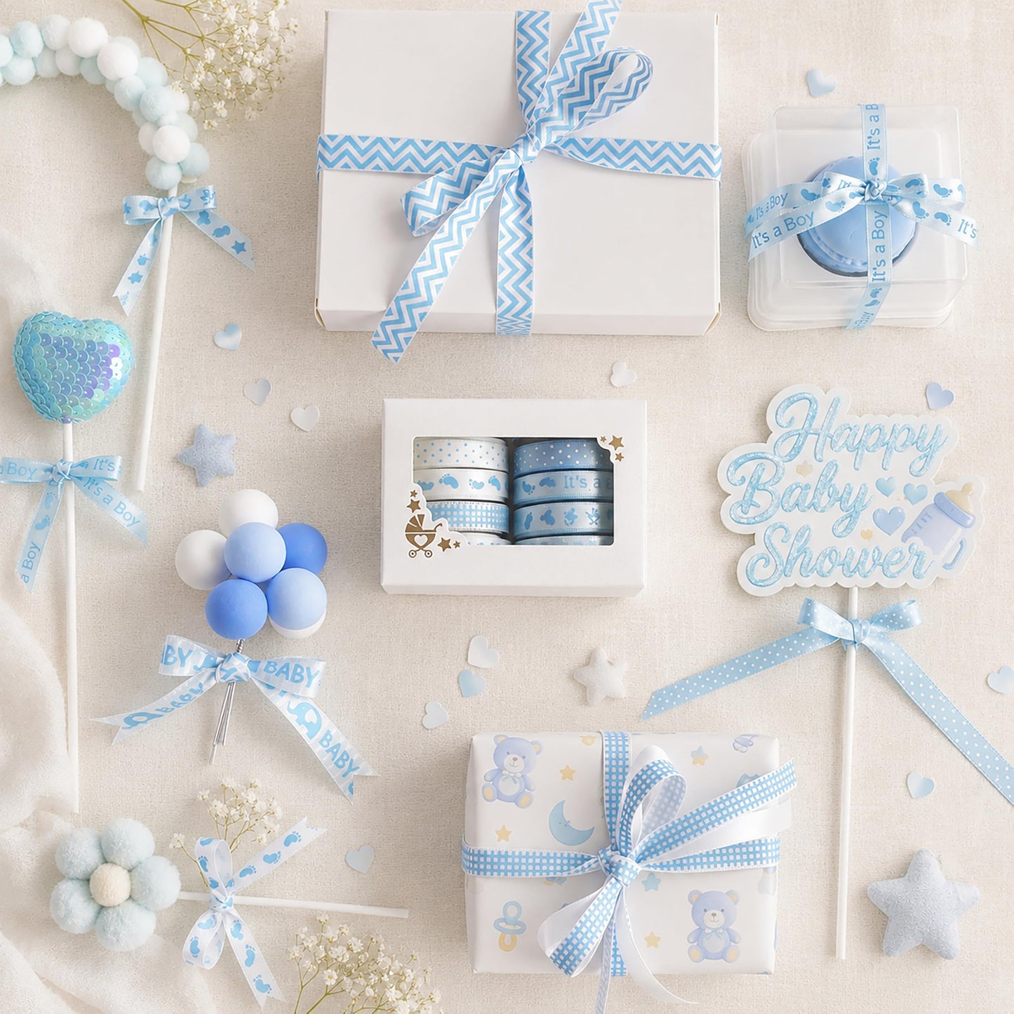 HUIHUANG Baby Blue Ribbon for Baby Shower Its A Boy Blue Ribbons Assorted Foot Print Elephant Satin Ribbon for Gift Wrapping Crafts Diaper Cake Baby Shower Birthday Favor-5 Yards Each Total 50 Yards