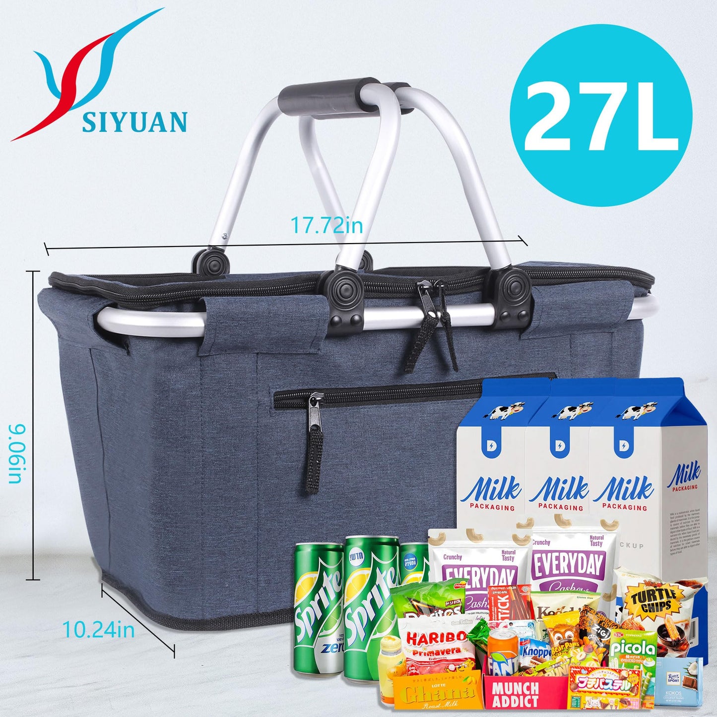 Picnic Basket, SIYUAN Collapsible Shopping Basket with Lid 27L Large Market Basket with Handles Reusable Folding Grocery Basket Insulated Cooler Bag for Picnic Travel, Blue
