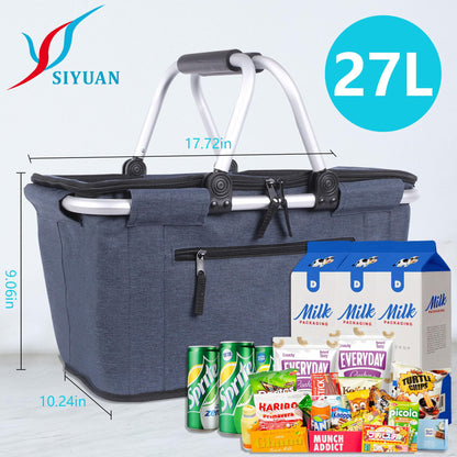 Picnic Basket, SIYUAN Collapsible Shopping Basket with Lid 27L Large Market Basket with Handles Reusable Folding Grocery Basket Insulated Cooler Bag for Picnic Travel, Blue