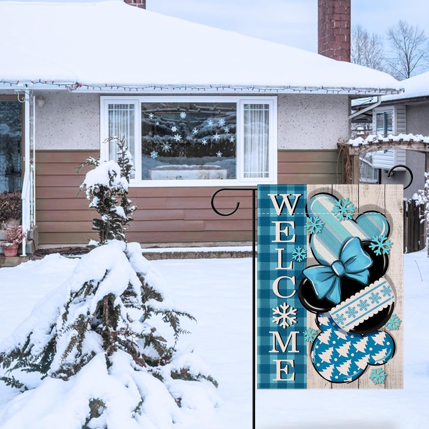 Welcome Winter Decorative Garden Flag, Blue Plaid Check Snowflake Farmhouse Yard Decorations, Seasonal Outdoor Decor