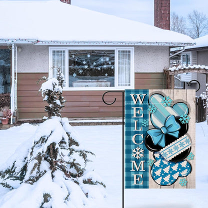 Welcome Winter Decorative Garden Flag, Blue Plaid Check Snowflake Farmhouse Yard Decorations, Seasonal Outdoor Decor