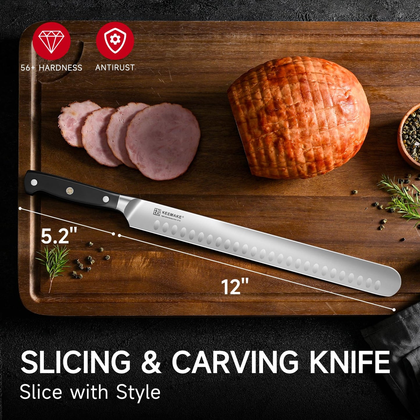 KEEMAKE Brisket Knife, 12‘’ Carving & Slicing Knife with Ergonomic Handle, German High-Carbon Steel, Sheath Included, Razor Sharp for Meat, Roasts, BBQ, Turkey, Grilling Gifts for Men
