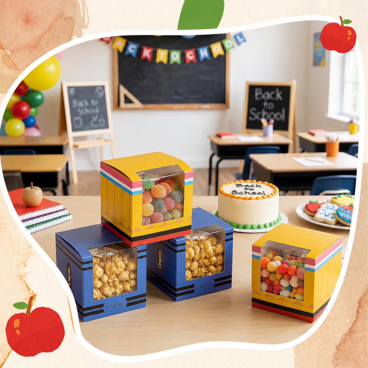 Eaasty 120 Pack Back to School Gifts Boxes Bulk Candy Treat Boxes for Students 4" Pencil Crayon Pattern Box with Clear Window for Back to School Classroom Parties Halloween Favors