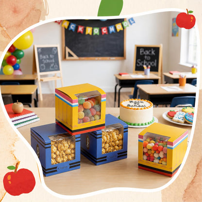 Eaasty 120 Pack Back to School Gifts Boxes Bulk Candy Treat Boxes for Students 4" Pencil Crayon Pattern Box with Clear Window for Back to School Classroom Parties Halloween Favors