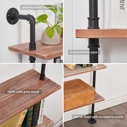 Anynice Industrial Ladder Shelf Bookcase, Wall Mounted Rustic Bookshelf, Retro Wood Metal Pipe Industrial Shelves for Living Room(Weathered Brown, 6 Tier - 10" D x 70" W x 82.5" H)