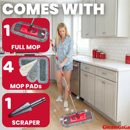 Dust Mop for Floor Cleaning with 4-in-1 Washable Pad System, Wet & Dry Multi-Purpose Mop with Built-In Scraper and Extra-Long 62'' Stainless Steel Handle for Hardwood,Vinyl,Laminate,Tile,Marble Floors