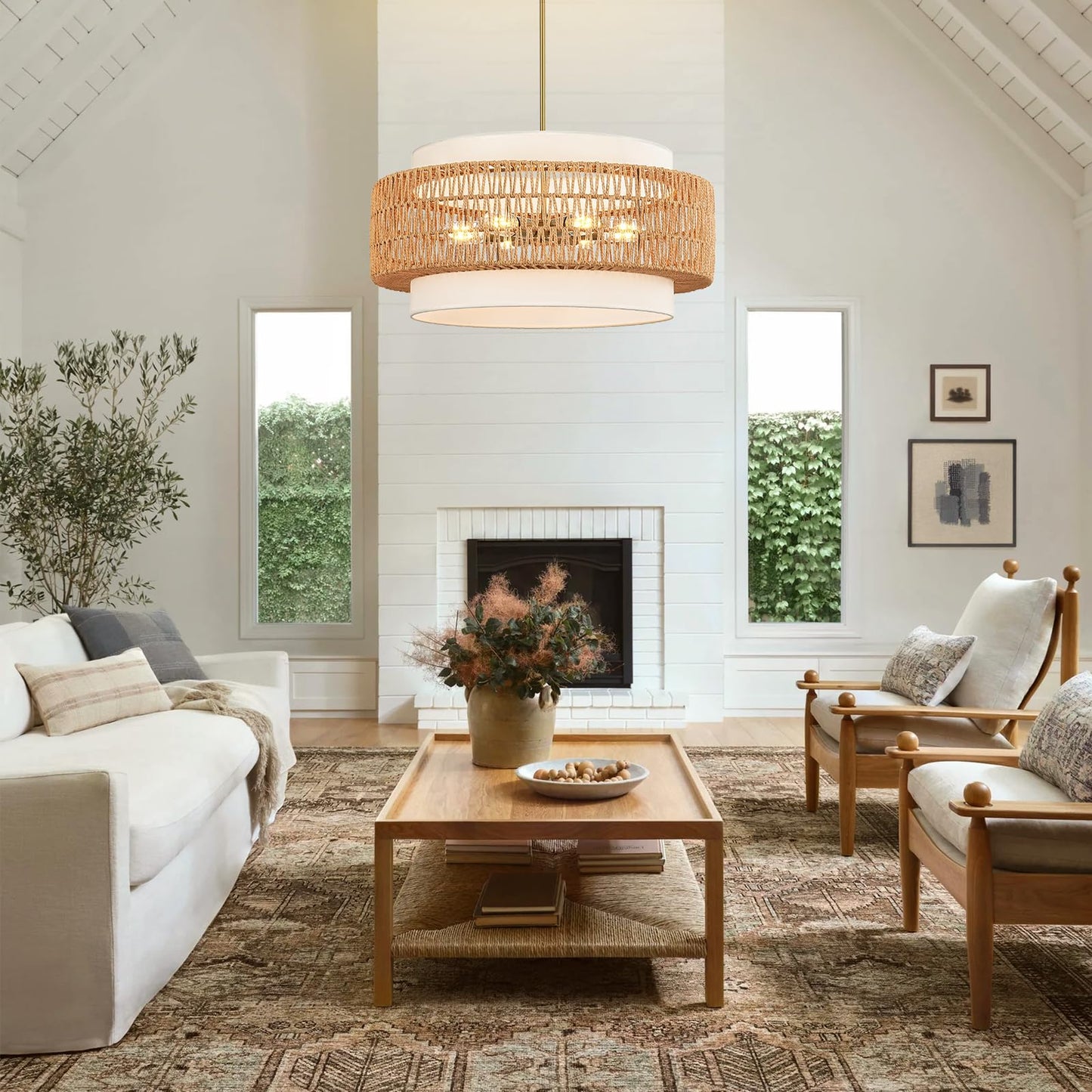 6-Light Boho Rattan Chandelier, 25.6" Large Rattan Pendant Light with Fabric Shade, Farmhouse Hand Woven Chandelier Hanging Ceiling Light for Dining Room, Living Room, Kitchen Island, Foyer, Hallway