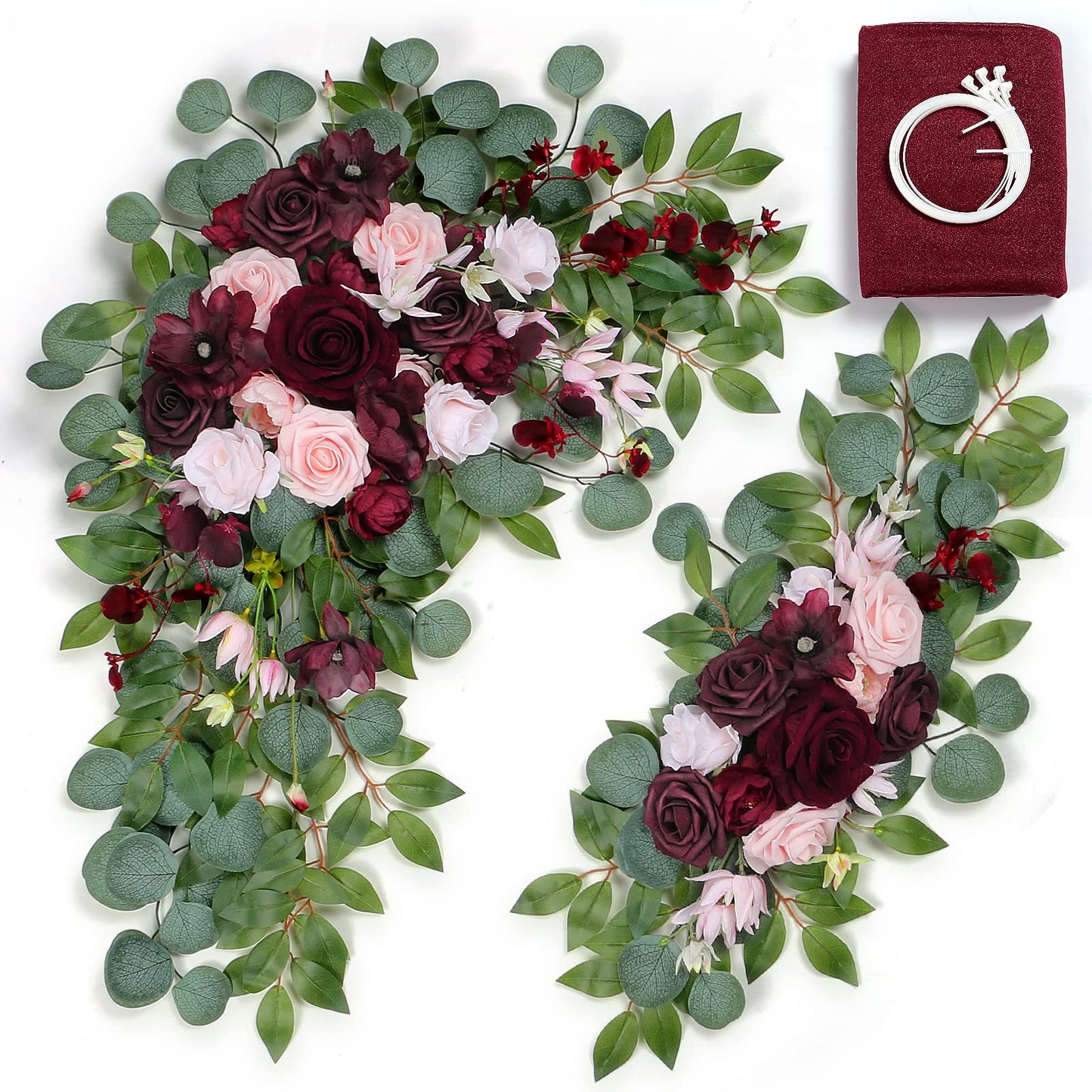 Ponatia Burgundy Wedding Artificial Arch Flowers Kit (Pack of 3) With 26Ft Shiny Arch Draping Fabric for Ceremony and Reception Backdrop Decoration (Burgundy & Blush)