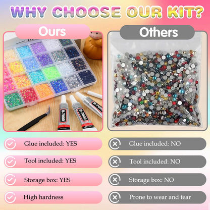 3mm Colorful DIY Resin Rhinestone Kit for Bedazzling, Multicolor Flatback Gems, 3Pcs 10ml B7000 Jewelry Glue for Bedazzled Nail Art Clothing Shoes Nail Book Diamond Art (32000)
