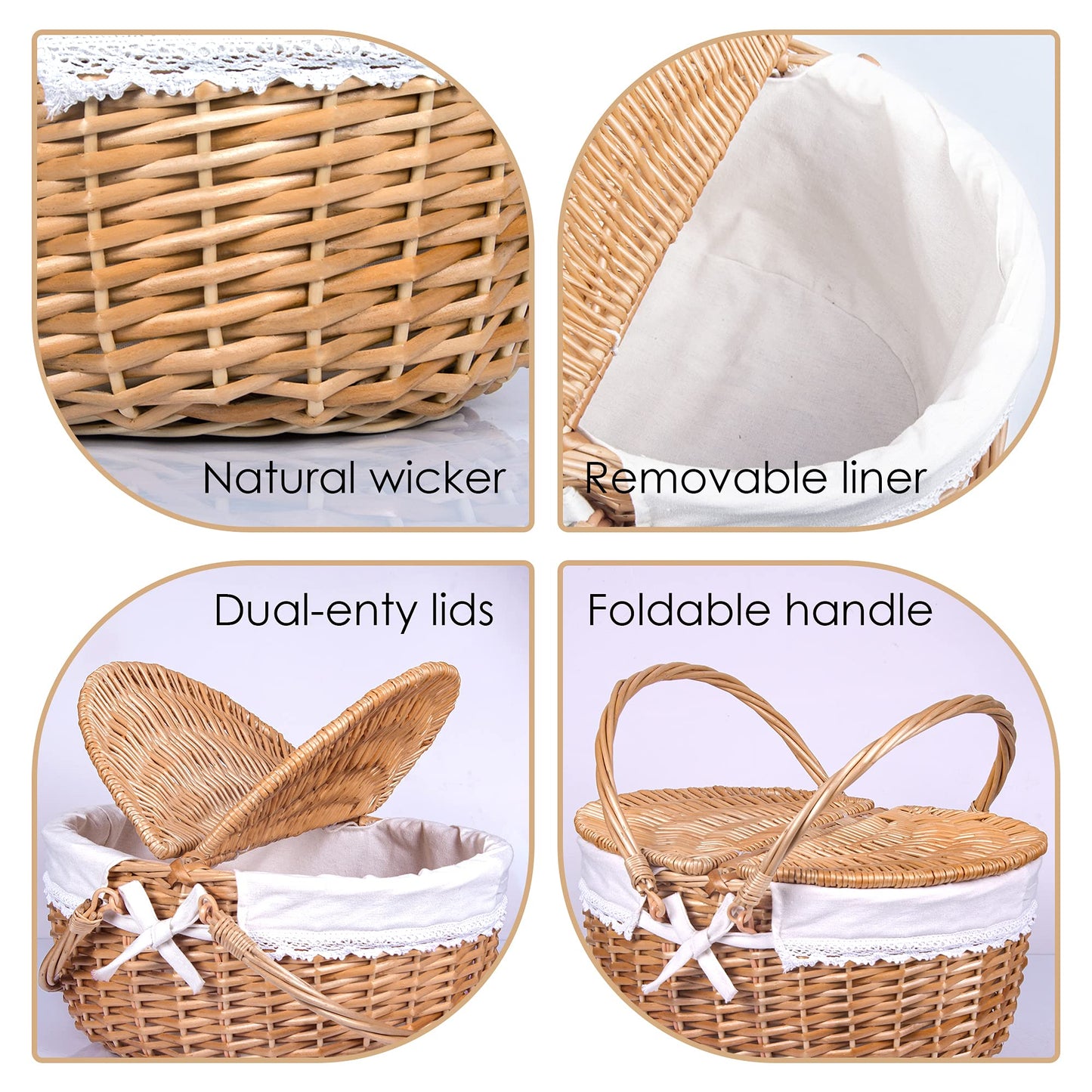 Wicker Picnic Basket with Lid and Handle 15" Sturdy Woven Body with Washable Lining for Easter,Mother's Day,Outdoor Camping,Not Dyed