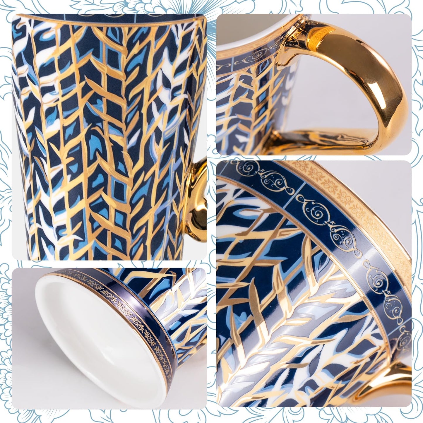 KAMMAK Bone China Mugs Set of 2, Ceramic Tea and Coffee Cups, 10.8oz Porcelain Tall Mugs Set, Hand-painted Cappuccino Mug for Latte, Americano, Breakfast Cereal, Hot Cocoa, Drinks (NX33)