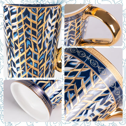 KAMMAK Bone China Mugs Set of 2, Ceramic Tea and Coffee Cups, 10.8oz Porcelain Tall Mugs Set, Hand-painted Cappuccino Mug for Latte, Americano, Breakfast Cereal, Hot Cocoa, Drinks (NX33)