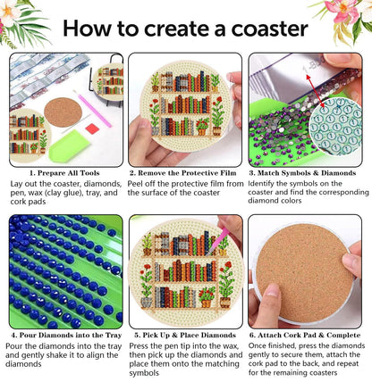 croshom Books Diamond Art Coasters Kits, 8 Pieces Books Diamond Painting Coasters with Holder, Books Coaster Diamonds Art Painting Kits for Adults, 5D DIY Wooden Coaster for Gift