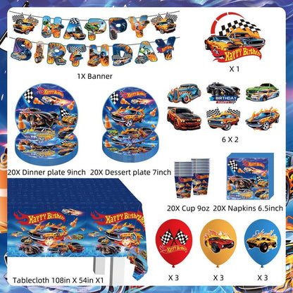 Hot Car Birthday Decorations Tableware 104Pcs Blue Car Themed Party Supplies Include Banner Balloons Plates Napkins Cups Tablecloth Cupcake Toppers and Cake Topper for Birthday Party Decor Sever 20