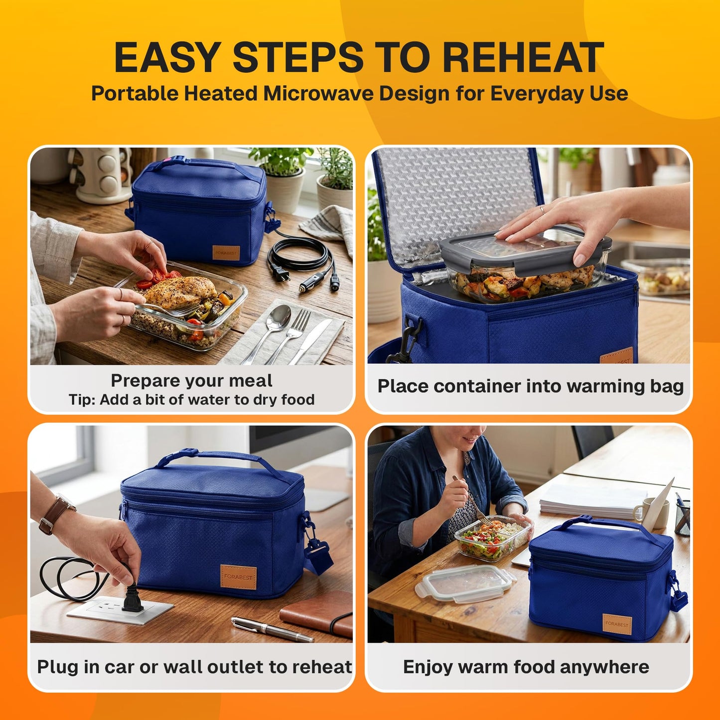 FORABEST Portable Microwave Food Warmer - Electric Lunch Box 80W with Insulated Bag and Utensils - 12V/24V Car/Truck & 110/220V Home/Office Use - Fits up to 10 x 7 x 5 Inches Containers - Blue