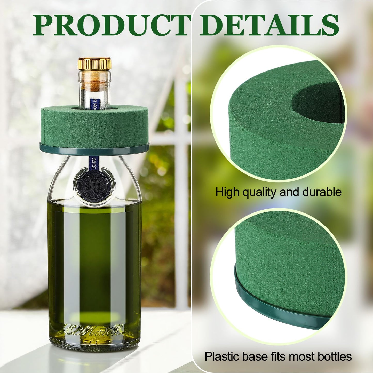 Wonderjune 12 Pcs Mini Floral Foam Holder for Wine Bottle Topper Green Flower Foam Round with Base Flower Arrangement Supplies for Wedding Party Table Decoration Wine Bottle Decor (3.9 x 1.8")