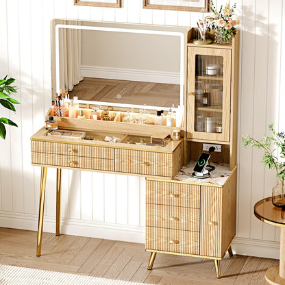 Arulvmrn Vanity Desk with 35.12" HD Lighted Mirror, 46.85" Big Modern Vanity Desk with Mirror and Lights, Makeup Vanity with 7 Drawers and Storage Shelves and Charging Station, Oak