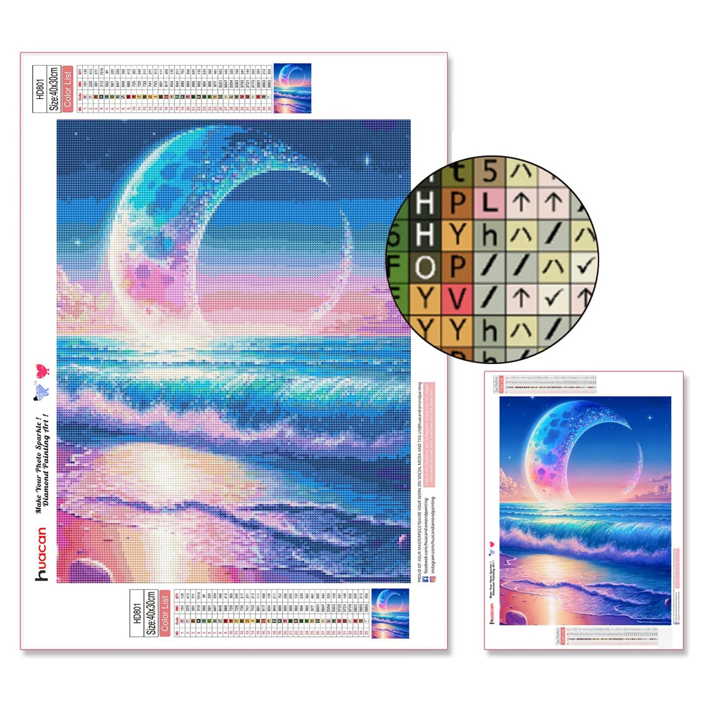 Huacan Diamond Art Kits for Adults AB Diamond Painting Kit 5D Moon Beach Picture DIY Round Drill Gem Art Kit for Beginner Crystal Aurora Diamond Handicraft Gift Home Decor 11.81 * 15.74 inch