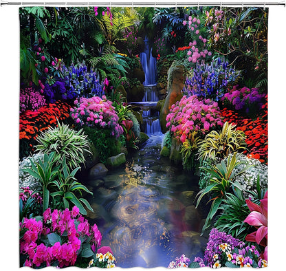 Nature Garden Shower Curtain with Colorful Floral Tropical Plant Jungle Rainforest Design, Hooks Included