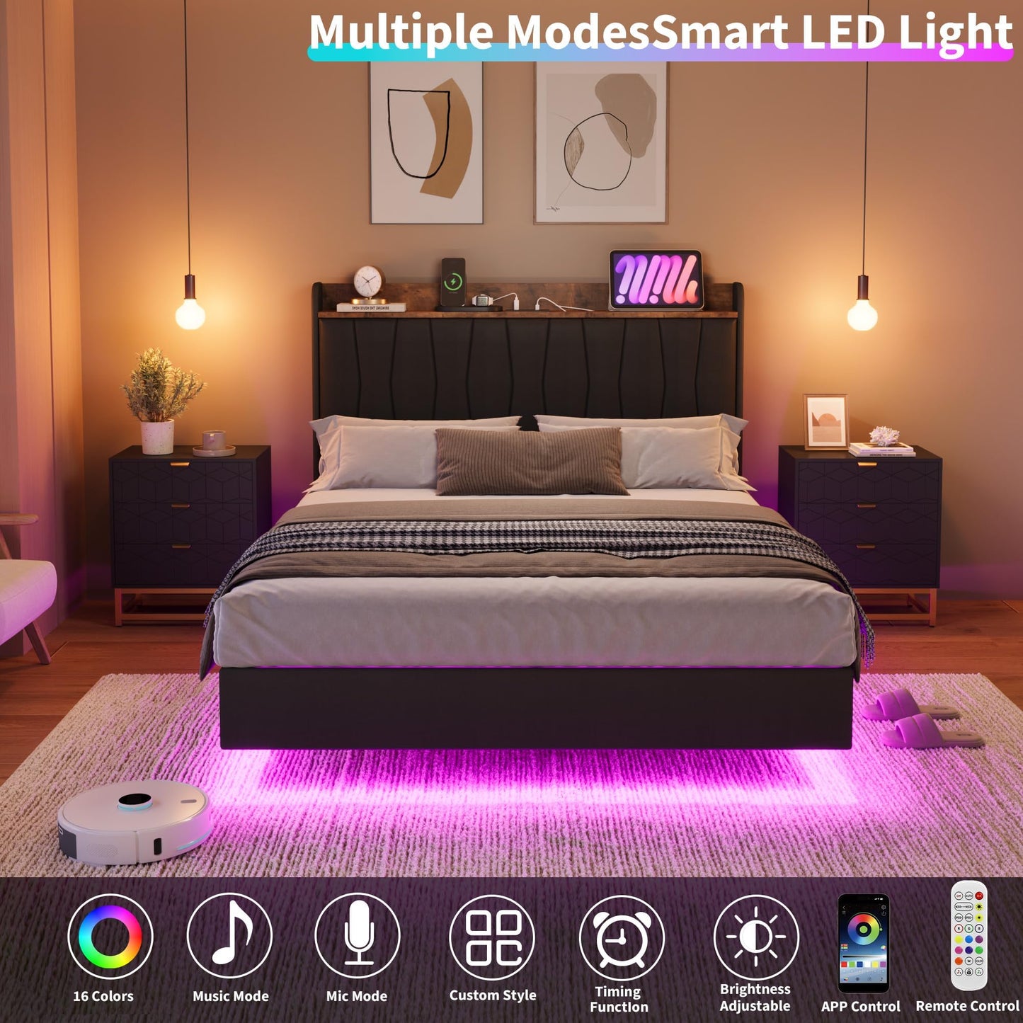 IDEALHOUSE King Floating Bed Frame with LED Lights & Charging Station, Upholstered Platform Bed with Storage Headboard, Wood Slats Support, No Box Spring Needed, Easy to Assemble, Black