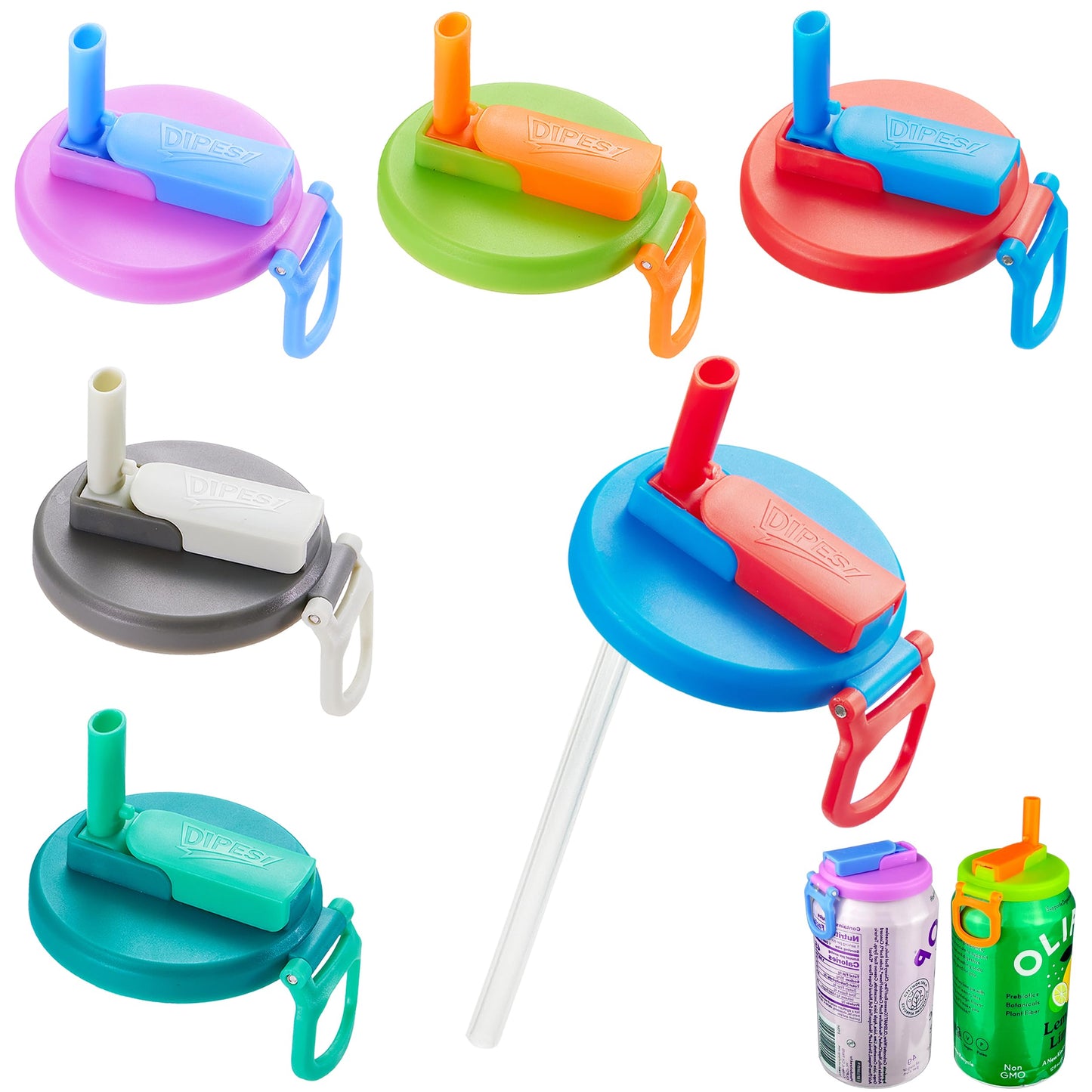 ORIGINAL CREATOR - DIPESI 6 pack 6 color Soda Can Lids with Straws, Reusable Silicone Straws Soda Can Covers, BPA-Free,Airtight Seal, Easy to Use, Prevents Spills, Fits Standard Cans.