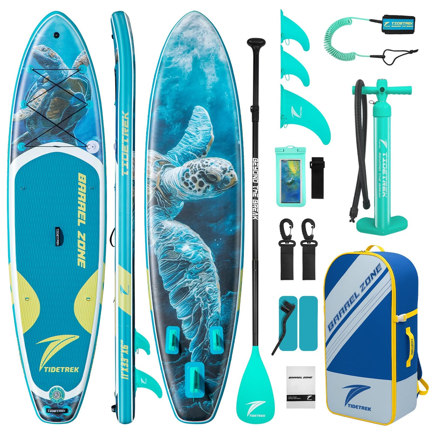 TIDETREK 11'/11'6" x 33"/34" x 6" Inflatable SUP Paddle Board – Extra-Wide, Stable Stand Up Paddle Board with Premium Full Accessory Set for Adults & Youth (Blue Turtle, 11'x33 x6)