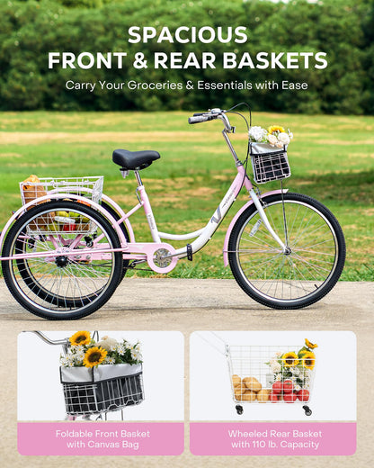 VIRIBUS Adult Tricycles for Women, Single Speed Tricycle for Adults with Front & Rear Detachable Wheeled Baskets, 3 Wheel Bikes for Adults Seniors 1 Speed, 400 lb. Capacity Three Wheeler, 26 in. Pink