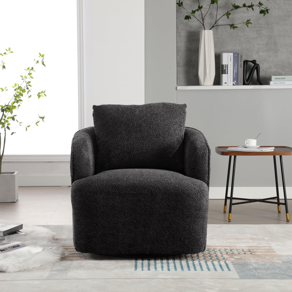 KEIKI 30" Boucle Round Accent Oversized Single Sofa Chair with High Resilience Cushion, Modern Style Upholstered Swivel Accent Barrel Chair, Lounge Armchair, Easy Assembly, for Living Room, Charcoal
