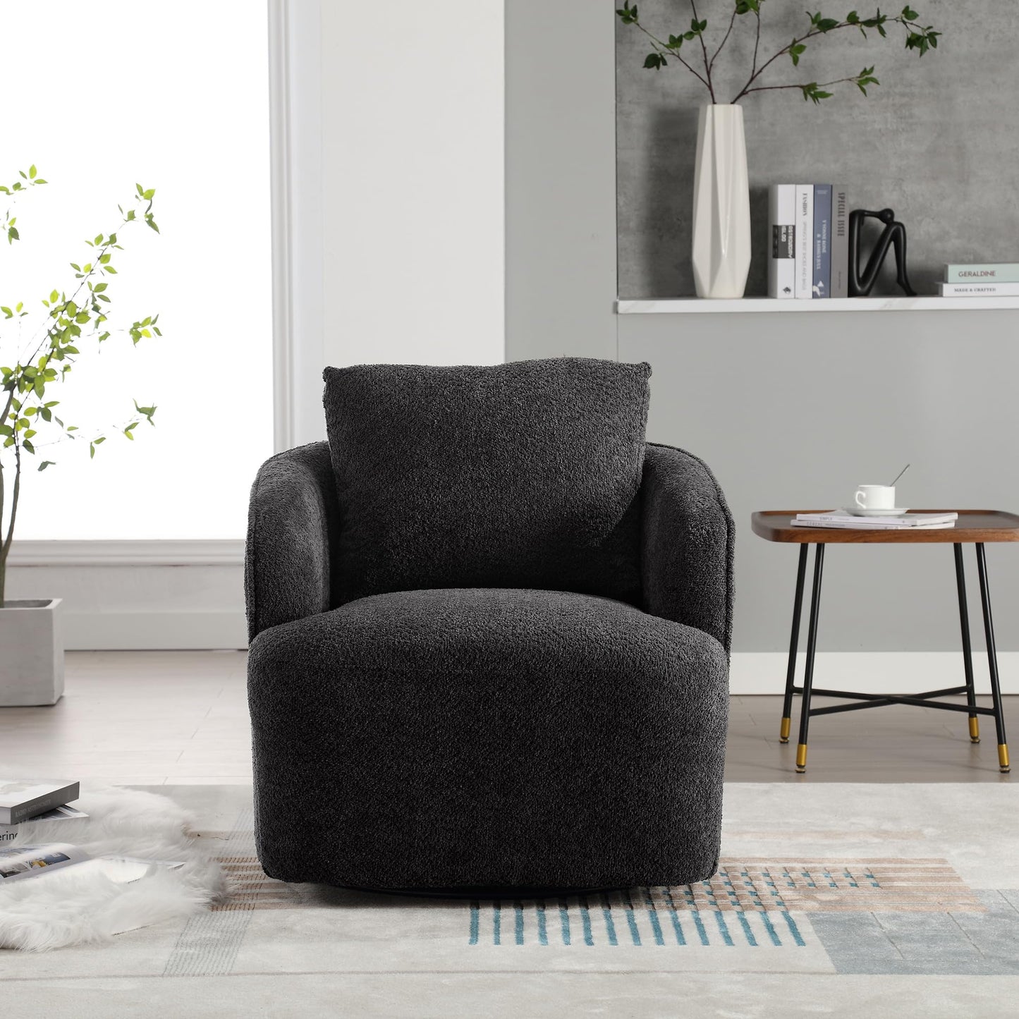 30.3" Boucle Swivel Barrel Chair, 360° Rotation Modern Round Accent Chair, Upholstered Club Armchair with Curved Back and Metal Base, Comfy Lounge Seat for Living Room Bedroom Office, Charcoal