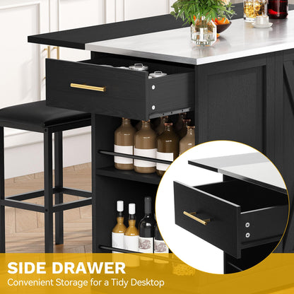 DWVO Kitchen Island with Seating and Stainless Steel Countertop, 47'' Rolling Garbage and Recycling Island with Folding Drop Leaf, Tilt-Out Trash Cabinet for 13-Gallon Bin, 2-Tire Spice Rack, Black