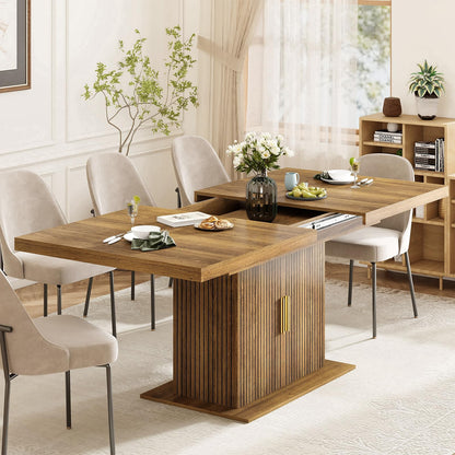 Zevemomo 62.99"-78.74" Expandable Dining Table with Storage, Extendable Dining Table for 6-10 People, Extra Hidden Storage for Tableware & Wine, Modern Farmhouse Table for Kitchen Living Room-Brown