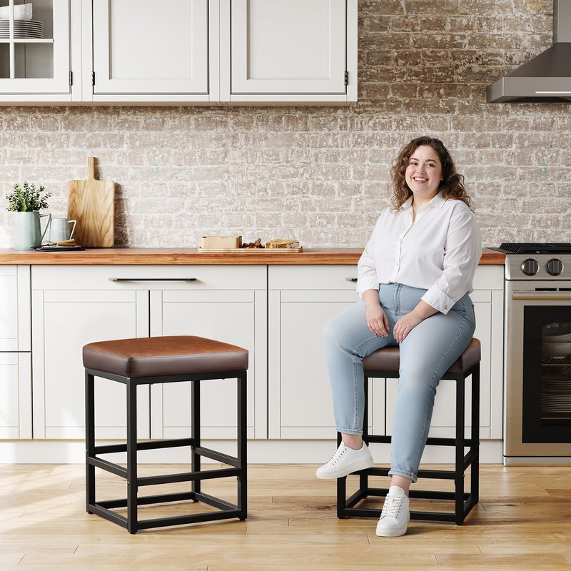 Raynesys Counter Height Bar Stools Set of 2, 24" Barstools for Kitchen Countertop, Faux Leather Counter Stools with Thick Square Seats & Sturdy Metal Base, Simple Assembly, Brown