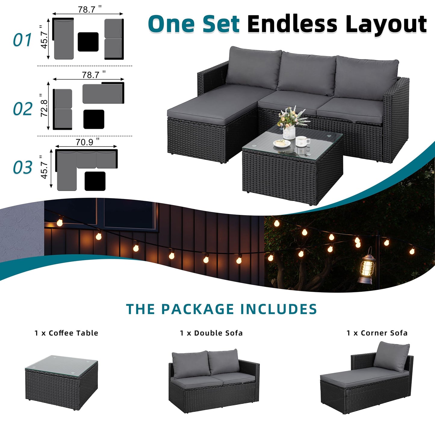 SUNLEI Patio Furniture Set with Detachable Soft Cushions, All Weather Outdoor PE Rattan Patio Conversation Sofa Set, Black Rattan/Grey