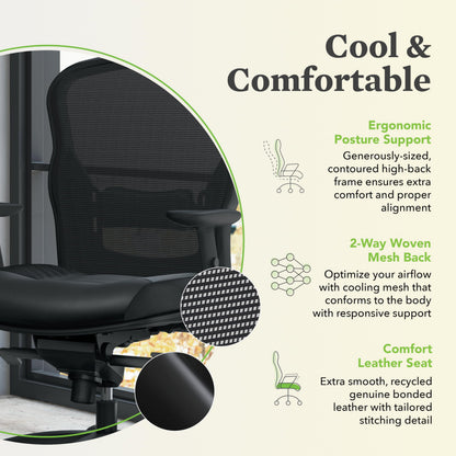 HON Wave High Back Ergonomic Office Chair with Leather Seat and Breathable Mesh Back, Adjustable Arms, Synchro‑Tilt Recline and Swivel Wheels for Desk and Computer Use, Black