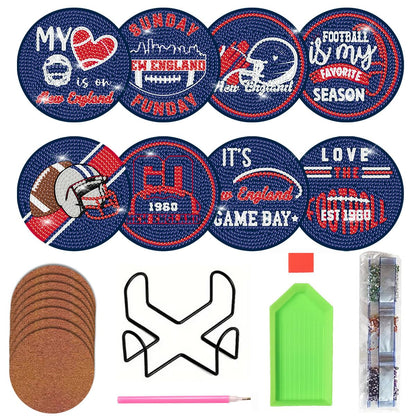 Bartogro 8 Pcs Diamond Painting Coaster Kits, DIY Football Diamond Art Coasters with Holder Sports Diamond Art Crafts Supplies for New England Design