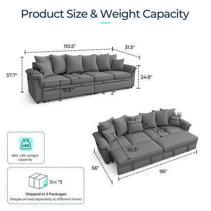 LINSY HOME Oversized Sectional Sleeper Sofa with Pull Out Couch Bed (Gray, 110.5'')