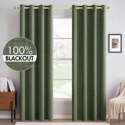 MIULEE 100% Blackout Linen Textured Curtains - Olive Green Thermal Insulated Drapes | 52 x 96 Inch (2 Panels)