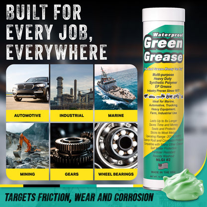 Ultra Heavy Duty Green Grease Tube (14oz, 10 Pack) for Grease Gun – NLGI 2 Lithium, High Temp Waterproof Marine Grade, Rust Resistant Wheel Bearing Lubricant for Auto, Farm & Home Use – American Made.