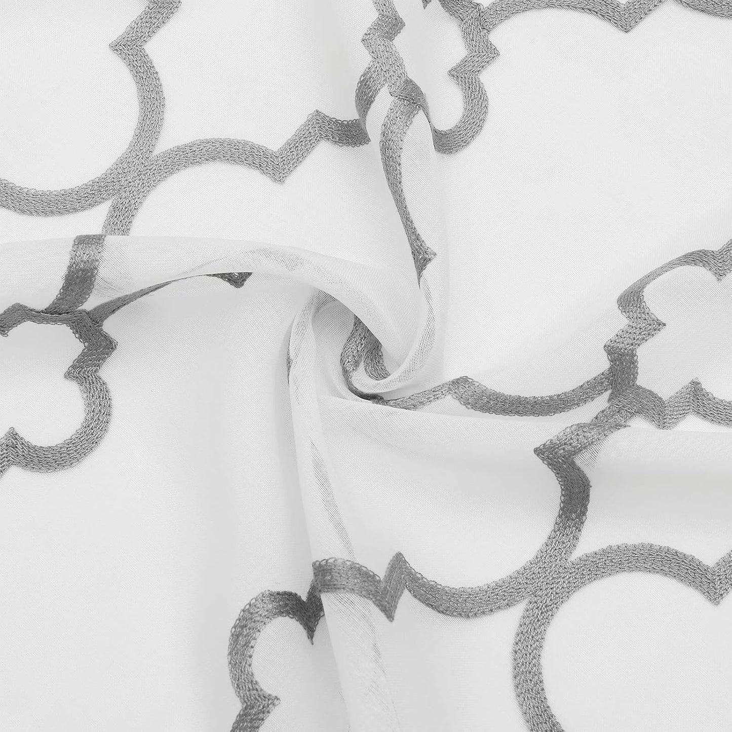 Moroccan Embroidered Semi Sheer Curtains, 108" Long Linen Textured Grey White Geometric Drapes for Living Room